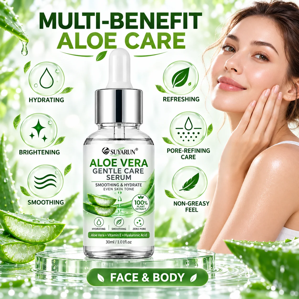 SUYARUN Aloe Vera Face Serum Moisturizing Hydrating Nourishing Soothing Calming All Skin Types Gentle Daily Essence.