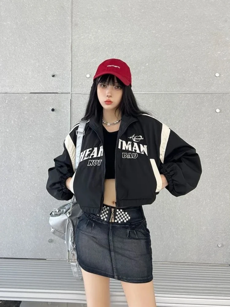 QWEEK American Vintage Retro Letter Embroidery Oversize Jackets Women 2024 Fashion Korean Kpop Streetwear Coats