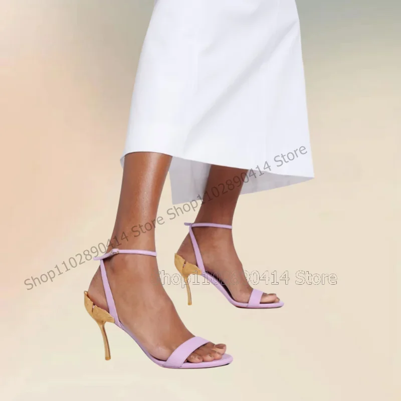 

Metal Flower Heel Purple Open Toe Sandals Ankle Buckle Strap Women Shoes Thin High Heels Fashion Party 2025 Zapatos Para Mujere