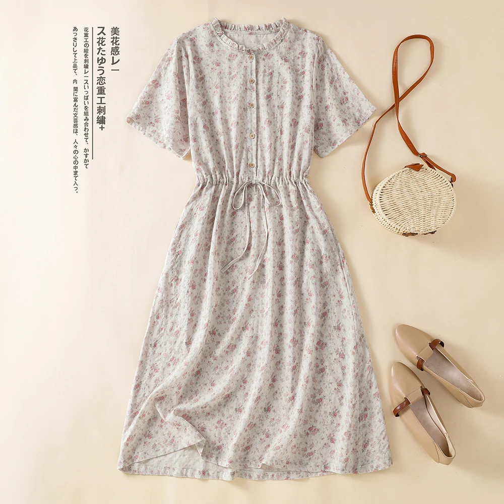 Short Linen Drawstring - ชุดเดรสผ้าฝ้ายและผ้าลินินลายดอกไม้ แฟชั่นฤดูร้อนใหม่สำหรับผู้หญิง สไตล์ศิลปะ สง่างาม พร้อมเชือกรูดปรับเอว ความยาวปานกลาง