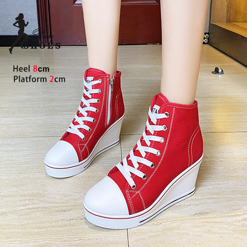 Women\'s Canvas Sneakers Spring Autumn Lace-Up Wedges Shoe Woman High Top Platform Casual Shoes Zapatillas Mujer Chaussure Femme