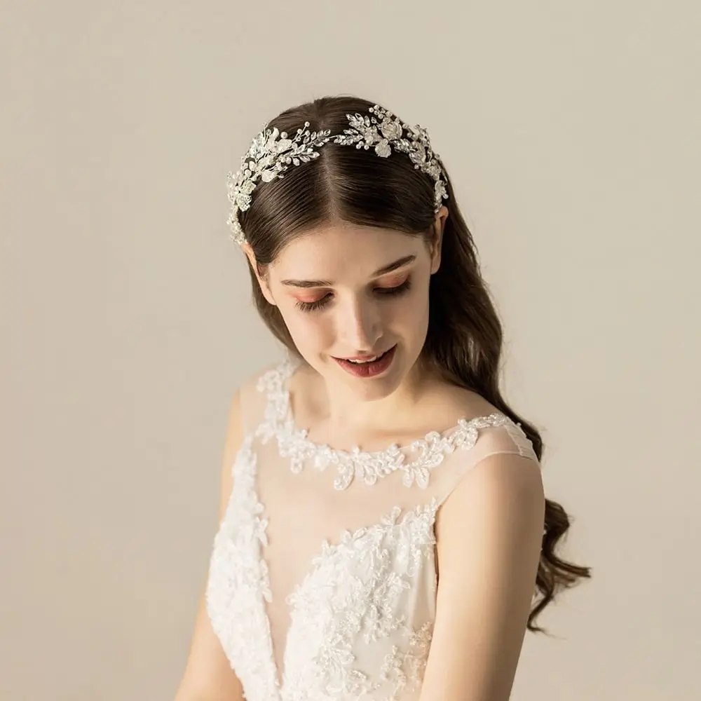 Pearl Crystal Headband Floral Jewelry Rhinestone Wedding Headpieces Gold Alloy Leaf Design Bridal Headpiece Women Bridal