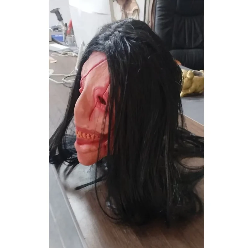 Masque de démon visage rouge d'halloween avec cheveux longs, accessoire de Costume diable effrayant en Latex, dents défendues, accessoire de Cosplay de fête pour adultes