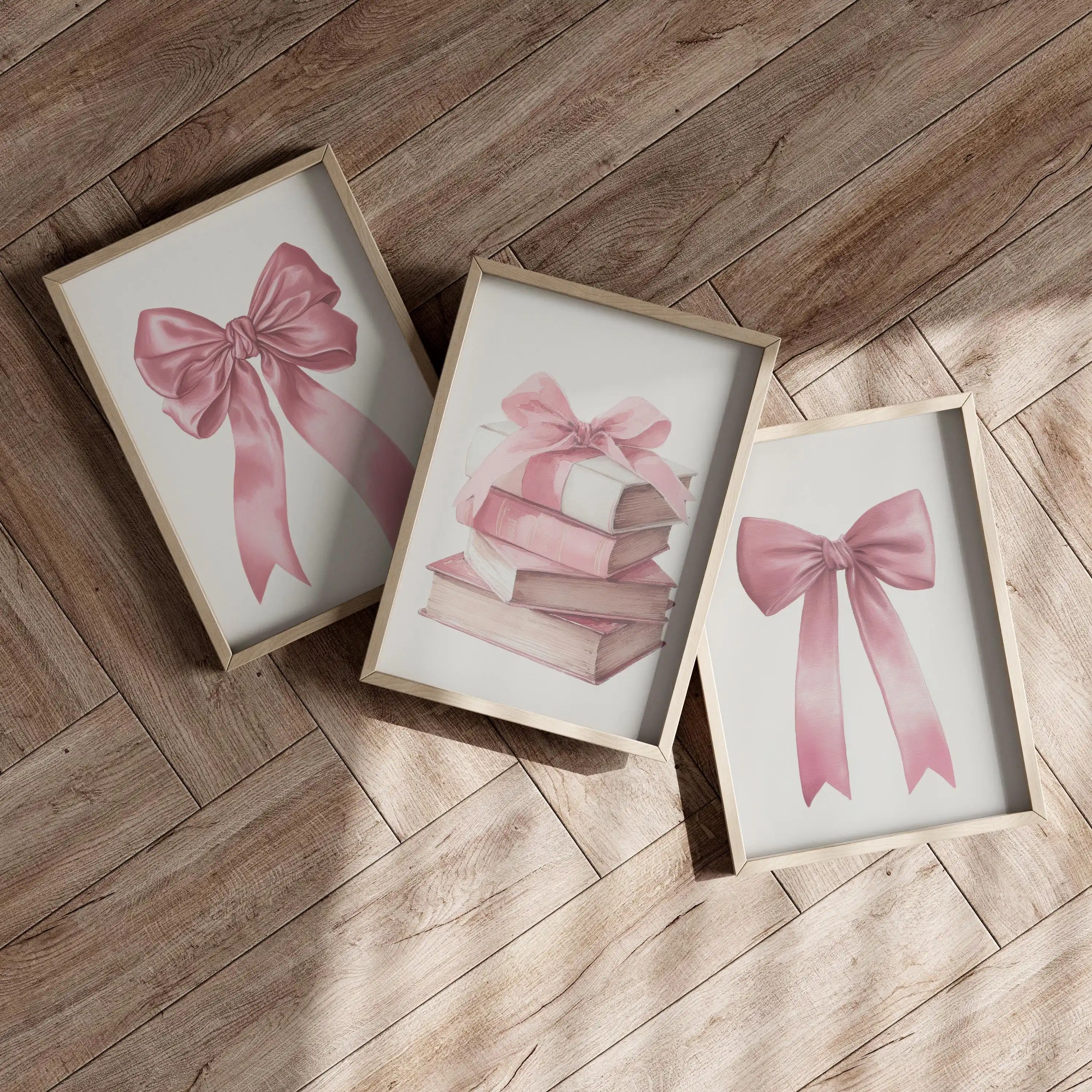 3pcs frameless Canvas Painting Pink Bows Wall Art Set of 3 Poster or Canvas Print Trendy CoquettePreppy Girly Poster Pink Ribbon