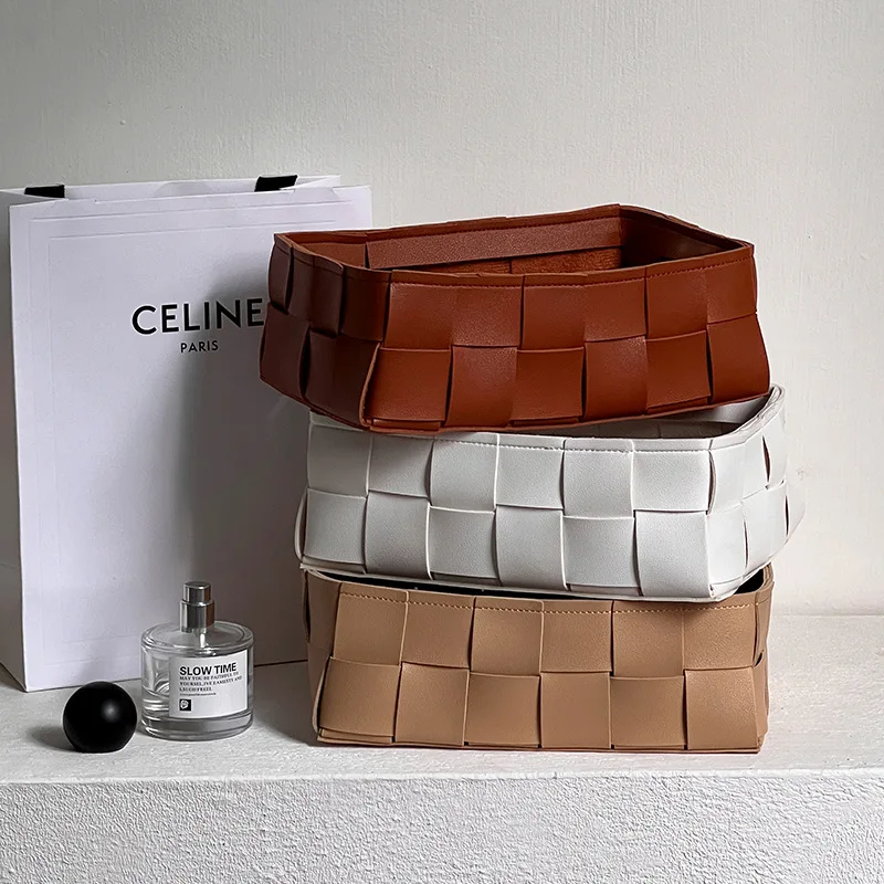 Simple Leather Woven Storage Basket Key Ornament Living Room Entrance Entrance Desktop Storage Basket Cosmetic Storage Box