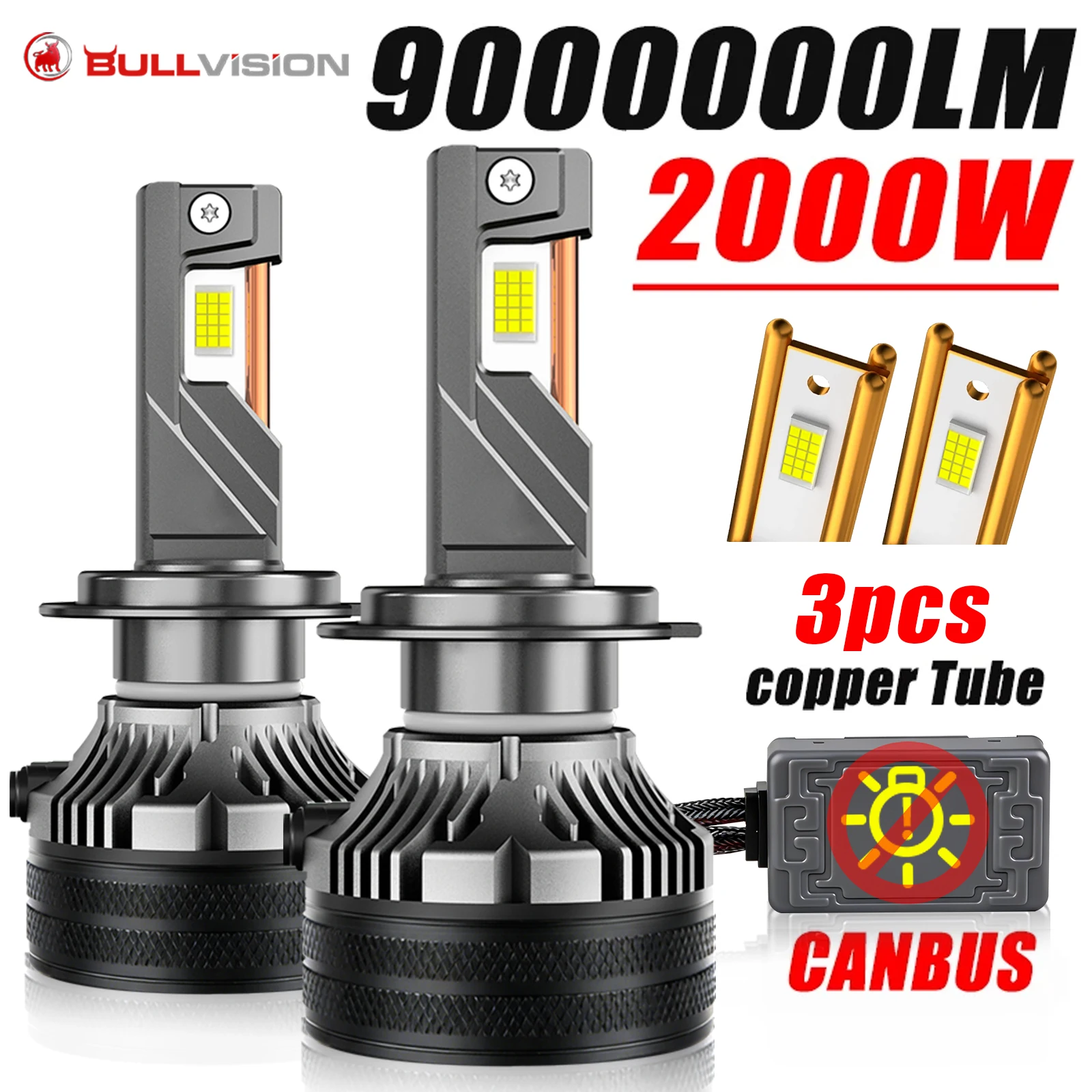 Farol LED 2000W H7 H11 9.000.000LM Lâmpadas Automotivas LED Canbus H1 H4 H8 9005 9006 HB3 HB4 9012 HIR2 Luzes de Neblina Automotivas com 3 Tubos de Cobre