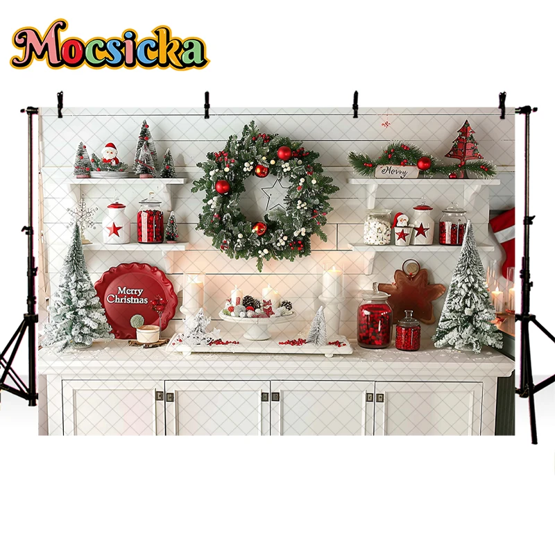 Mocsicka Holiday party Xmas Kitchen Backdrops Kids Photography Child Baby Photocall Props Adult Family Christmas Background