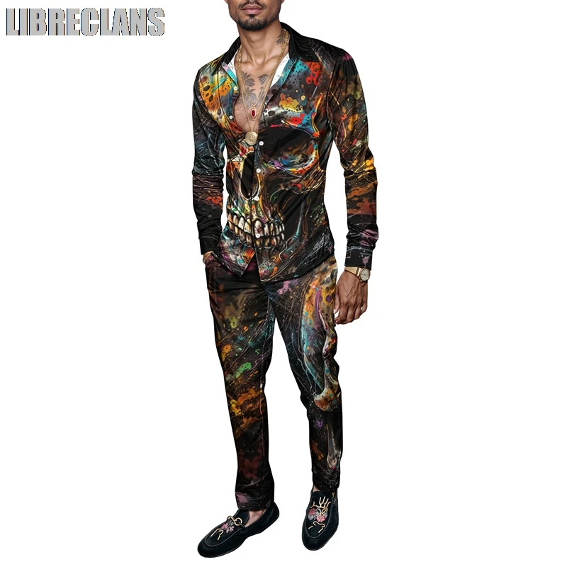 

Мужской комплект одежды с 3D принтом черепа, рубашка, модные цветы и растения, комплект из 2 предметов, мужские повседневные свободные вечерние комплекты с длинными рукавами и принтом