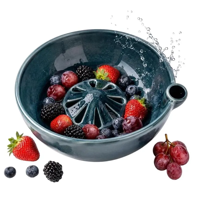 FYBL-Self-Spinning Berry Washing Bowl,Glazed Berry Bowl With Raised Center And Drainage Holes,Fruit Rinse Colander