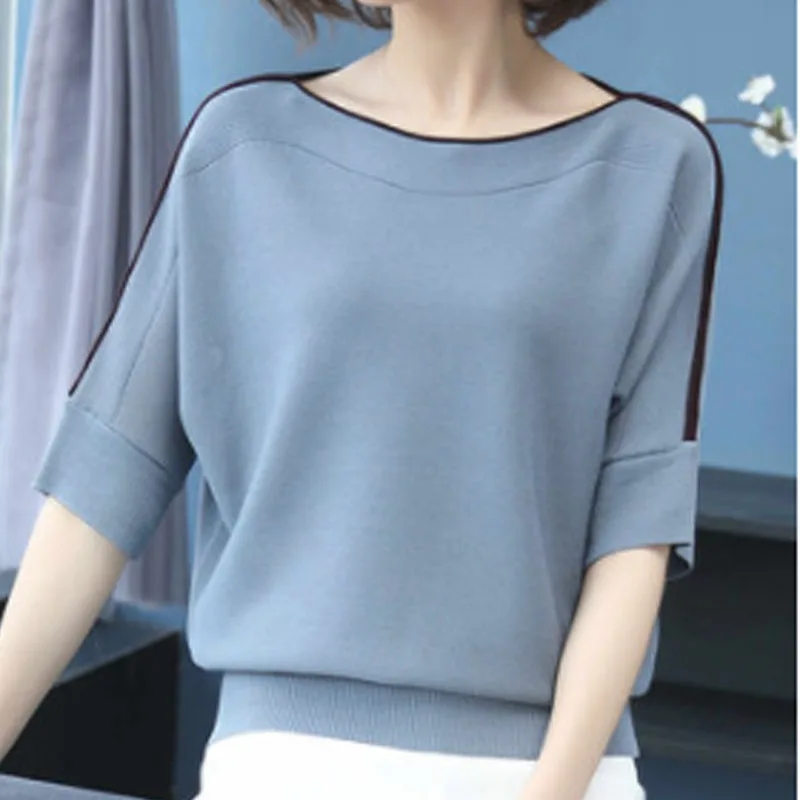 New Fashion Ice Silk Knitted T-shirt Women Half Sleeve O Neck Tshirts Summer Woman Tops Casual Loose Lady Tees Clothes 14425