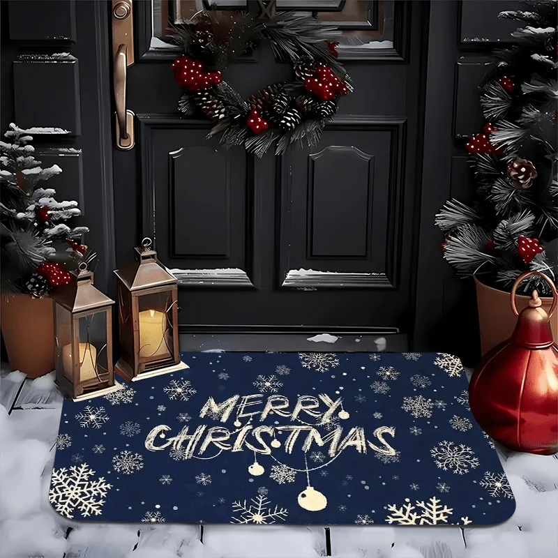 Vintage Christmas Front Door Mat Buffalo Plaid Reindeer Red Bow Lace Snowflake Wood Grain Print Farmhouse Holiday  Doormat