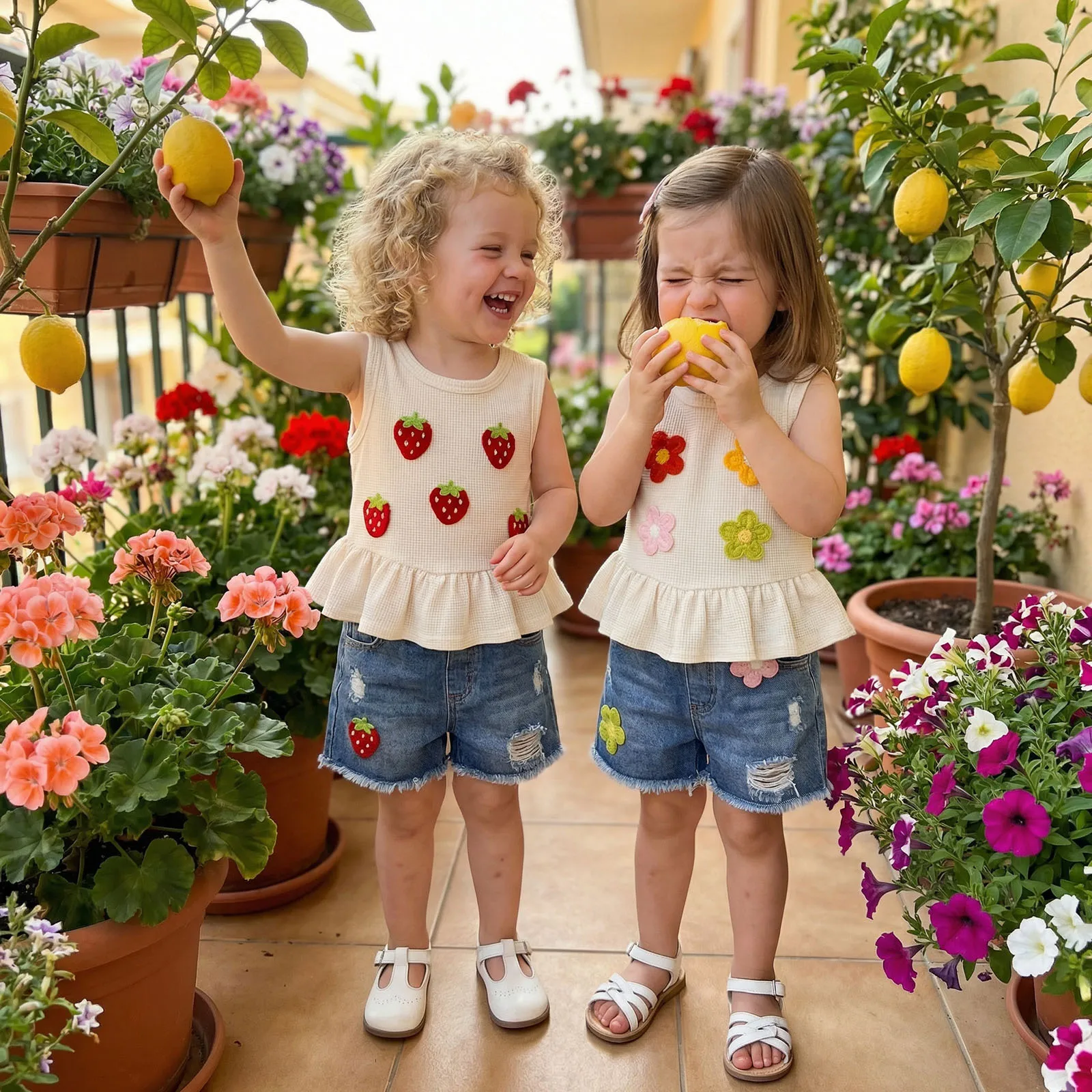 Summer Kids Baby Girls Outfits Floral Strawberry Patch Tops Ripped Denim Shorts Set Cute Clothes