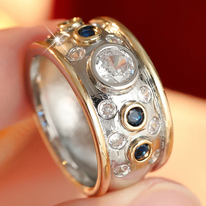 Vintage Wide Version Women's Personalized Ring Interspersed with Blue and White Cubic Zircon Fashion Ring Jewelry