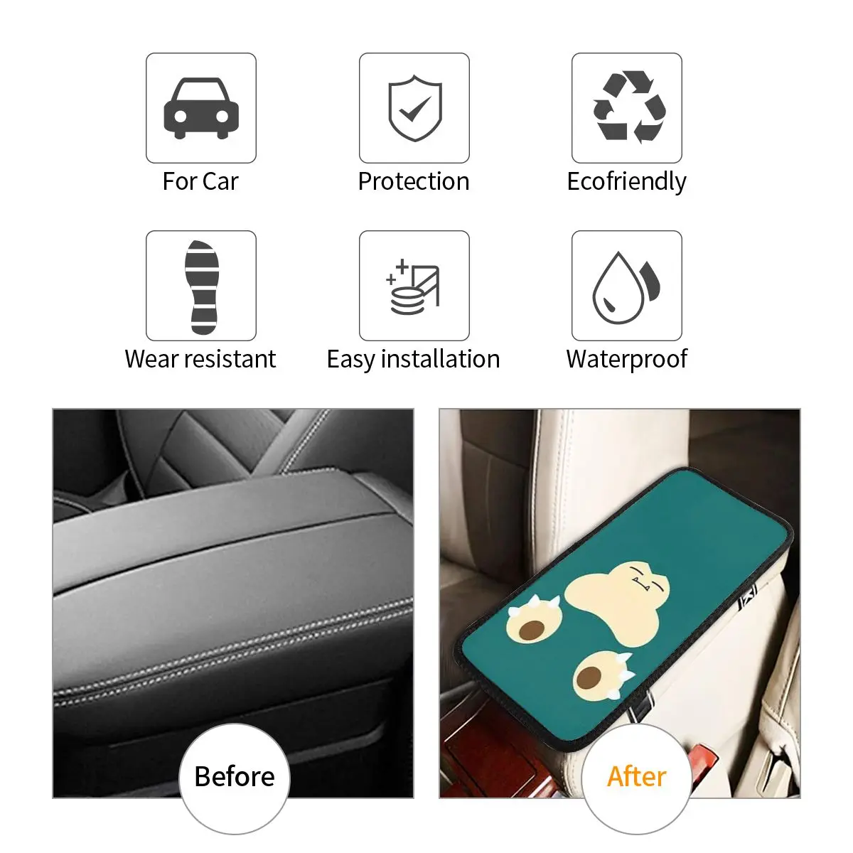 Snorlax Center Console Cover Pad for Cars Japanese Anmie Auto Interior Armrest Cover Mat