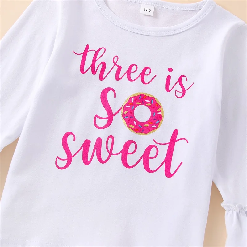 Toddler Baby Girl Birthday Outfit 1-5T Sweet Tops Doughnut Shorts Flared Bell Bottom Pants Set 3Pcs Summer Clothes