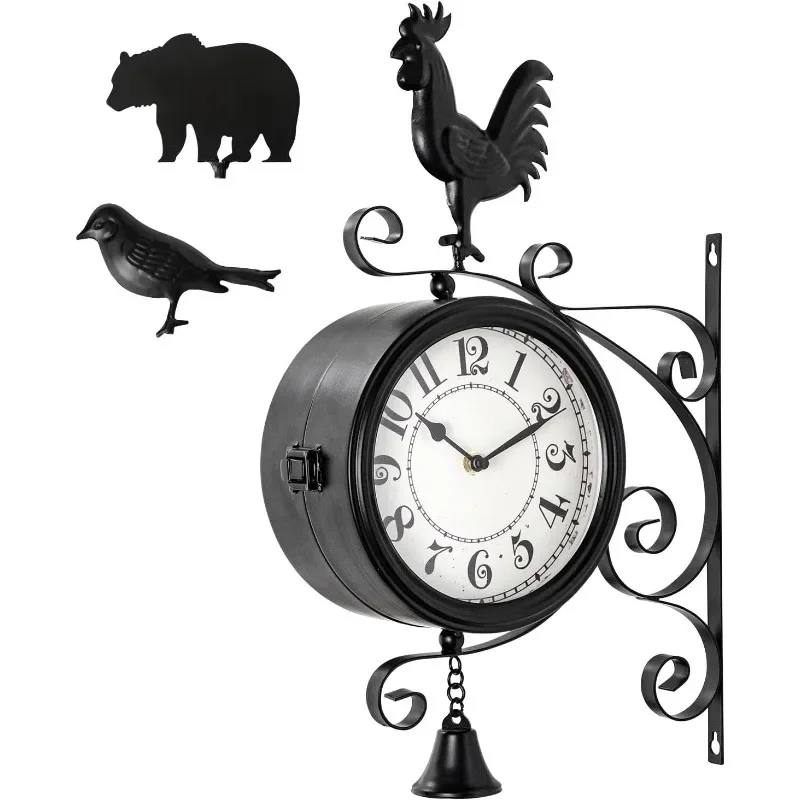 

HOME Vintage Wall Clock with Interchangeable Rooster Bird and Bear Designs, Double-Sided Hanging Farmhouse Clock with Bell,