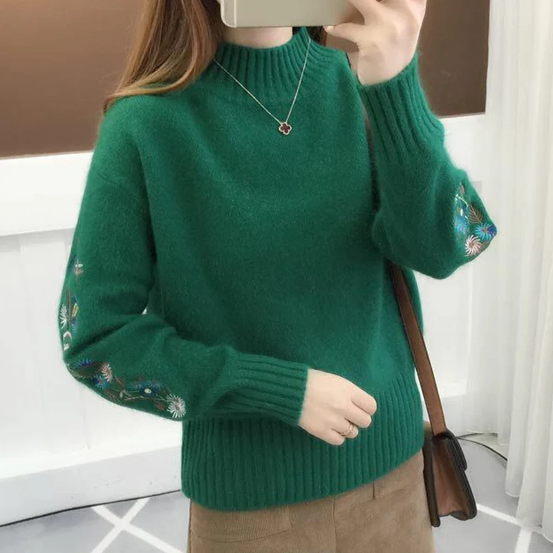 Autumn Winter Embroidery Sweater Women Fashion Half High Collar Long Sleeve Knit Jumper Woman 2024 Korean Loose Pullover Female