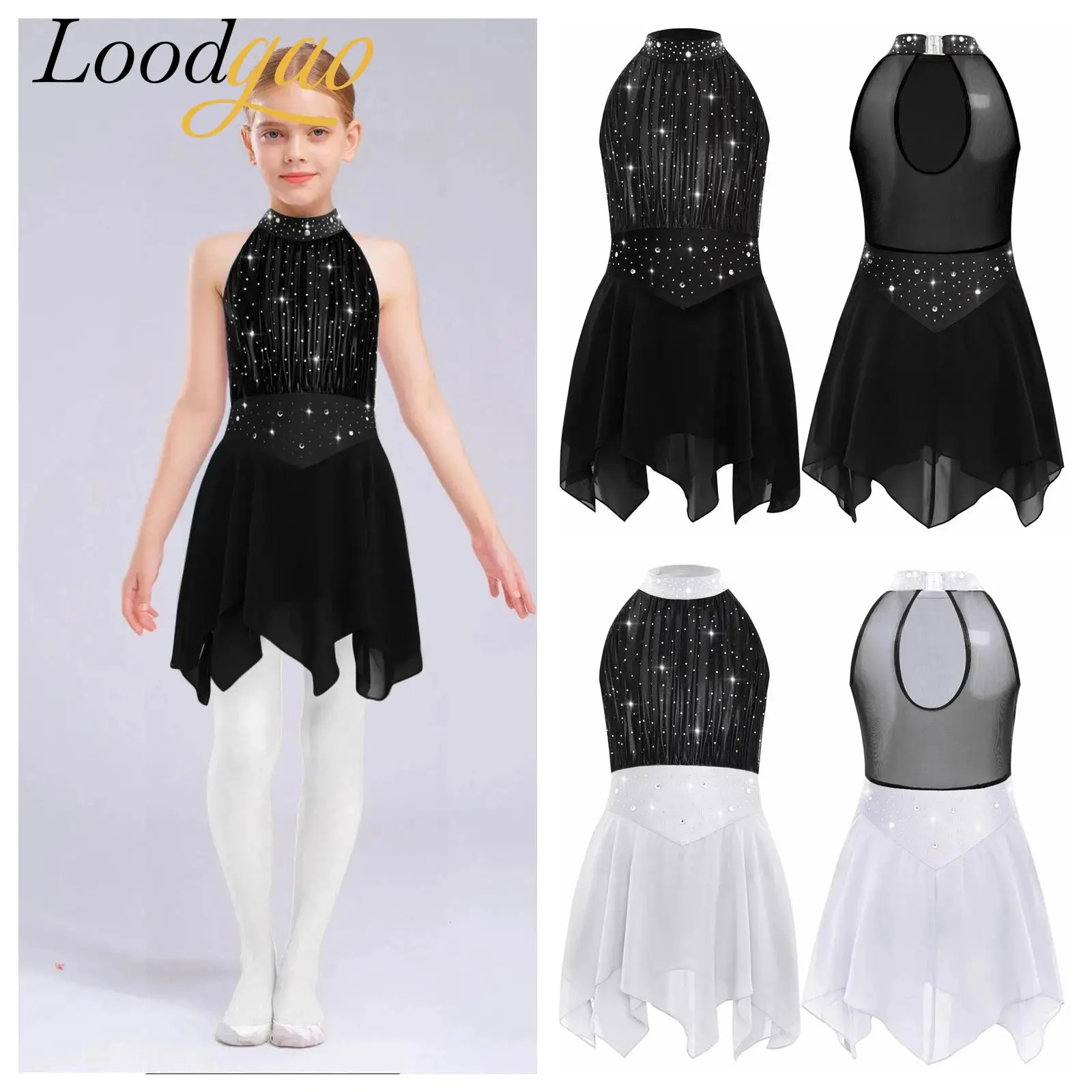 

Girls Sleeveless Shiny Figure Skating Mesh Tutu Dress Modern Lyrical Dance Costume Rhythmic Gymnastics LeotardsBallet Dancewear