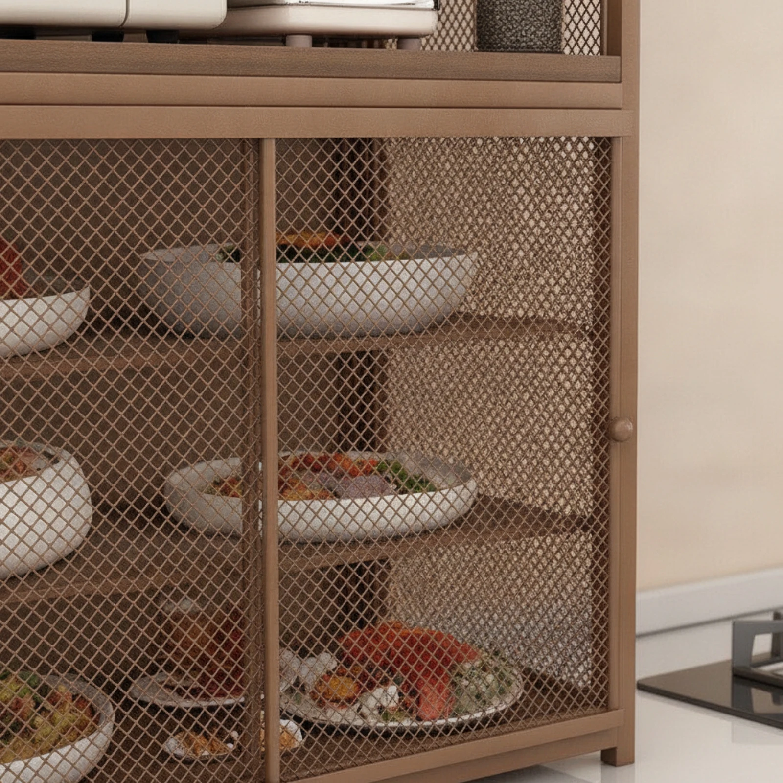 Countertop Storage Rack with Sliding Door 3-Tier Kitchen Storage Rack with Wood Top Mesh Bread Box Space-Saving Furniture