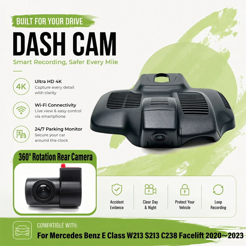 4K UHD Car DVR Wifi Dash Cam Camera Video Recorder Easy Installation for Mercedes Benz E Class W213 S213 C238 Facelift 2020~2023