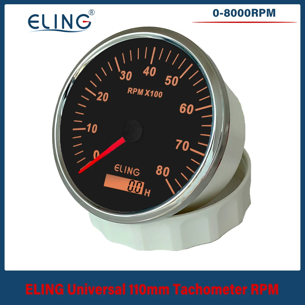 ELING Waterproof Newest Universal 110mm Tachometer 0-8000RPM with Hour Meter With Red/Yellow Backlight for Car Truck Boat