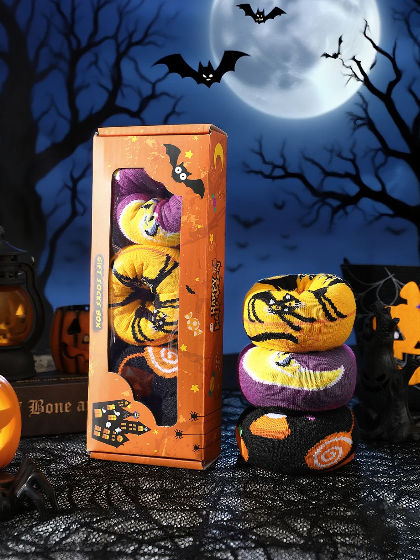 3 pair of mid-calf unisex socks in a sweet doughnut design, novelty and creative, perfect for Halloween and other festive gifts.