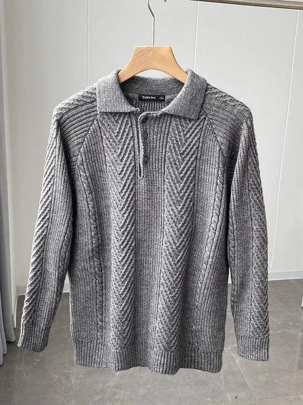 秋冬メンズカジュアル長袖襟付きセーター英国レトロ花柄刺繍スリムフィットポロツーピースセット