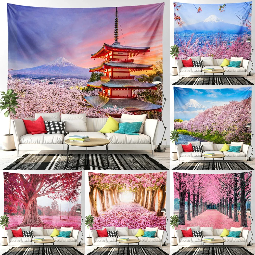 Pink cherry blossom tree mountain forest wall tapestry home decoration living room bedroom background hanging cloth