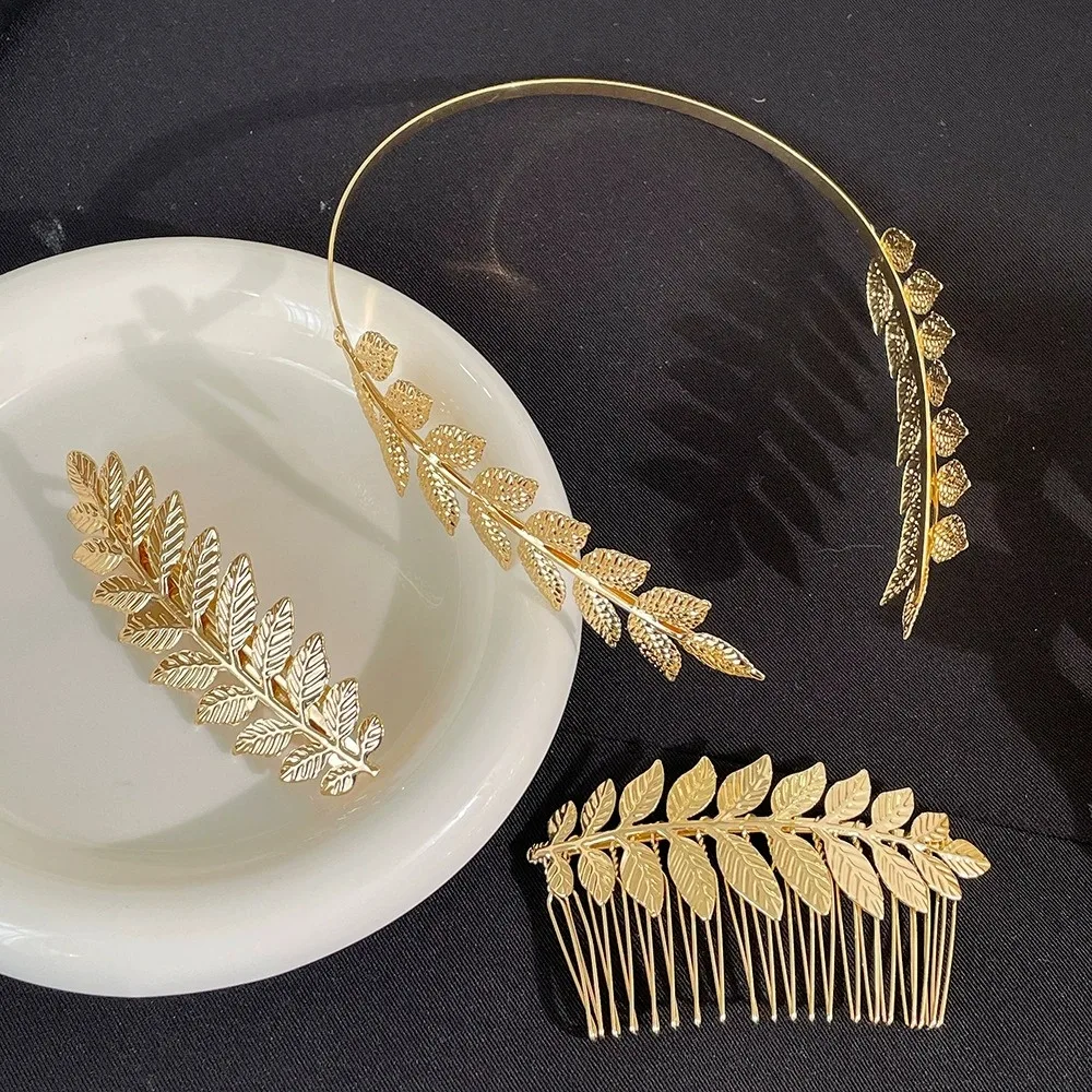 Griechische Göttin Vintage Haaraccessoires Goldfarbenes Blatt-Haarband Haarnadeln Haarkamm Kopfschmuck für Hochzeit und Party – Detail 8