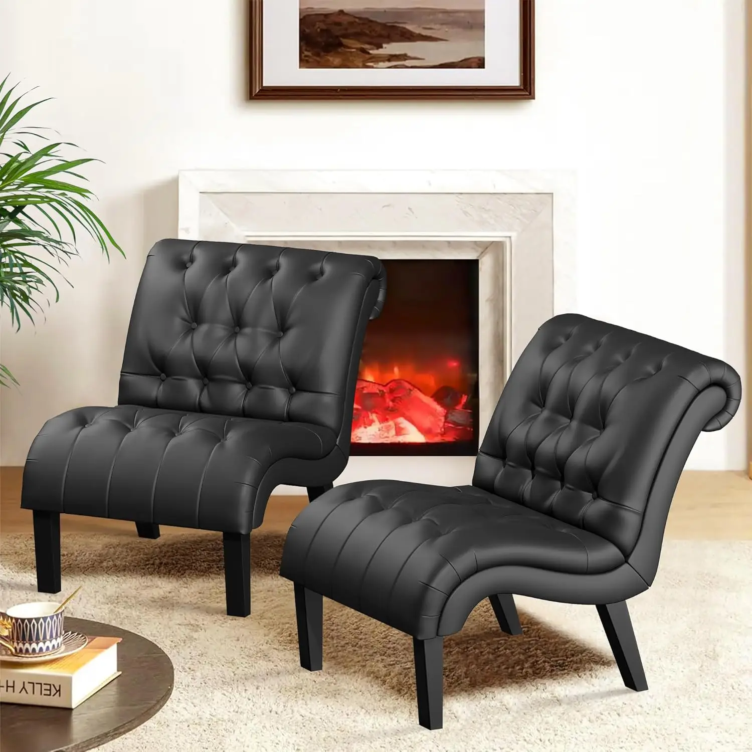 Yongqiang Pu Leather Accent Chairs Set Of 2 Button Tufted Upholstered Modern Armless Lounge Chair For Bedroom Living Room