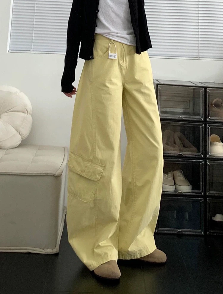 

Y2K желтые джинсы женские американские ретро изогнутые ножи рабочая одежда брюки с несколькими карманами широкие брюки для похудения универсальные осенние новые
