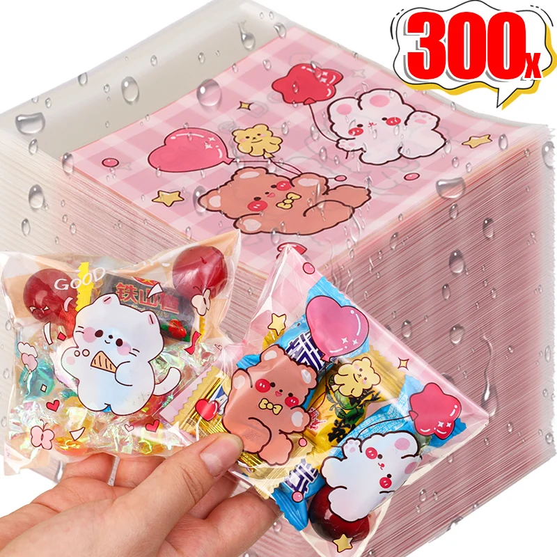 Cute Self-sealing Bags Little Bear and Bunny Printed Candy Cookie Pouches Transparent Cartoon Opp Bag Festival Gift Wholesale