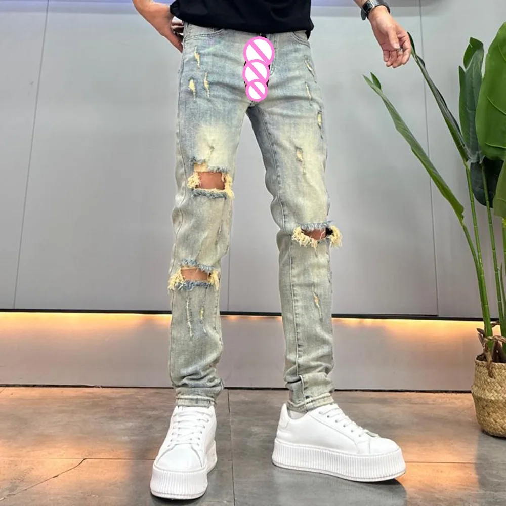 Ripped Jeans Men's Trendy Handsome Slacks Retro Slim-fitting Small Feet Trousers Invisible Open Crotch Outdoor Sex High Street