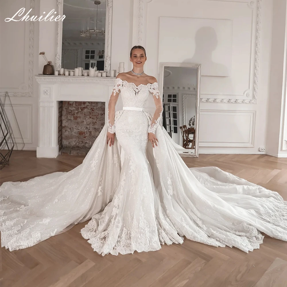 

Lhuillier Elegant Mermaid Wedding Dresses Boat Neck Lace Appliques Beaded Full Sleeves Bridal Dress with Detachable Train