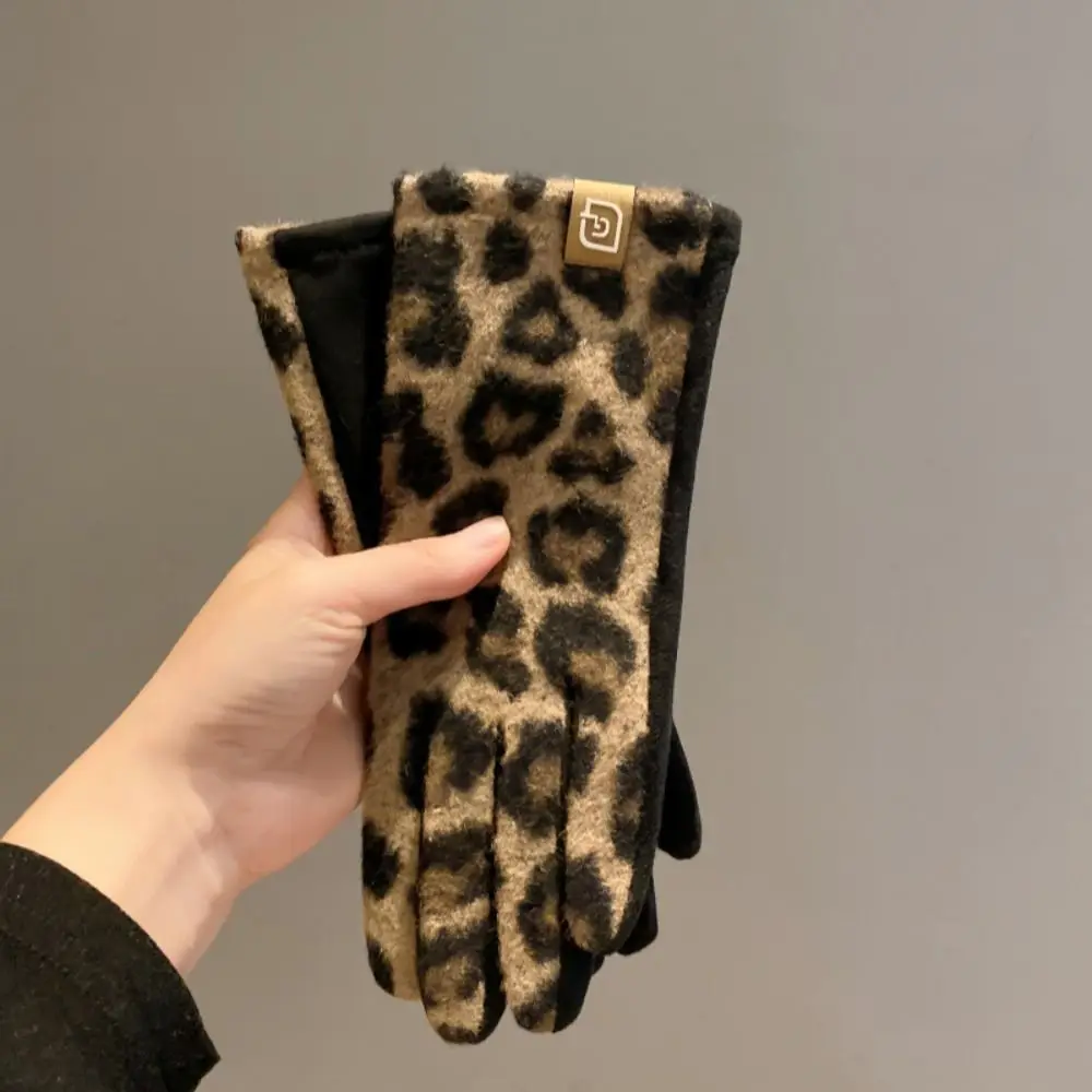 Kaschmir-Handschuhe mit Leopardenmuster, kältebeständig, Touchscreen, Damen-Fahrhandschuhe, warm halten, winddichte Fäustlinge, Motorradfahren