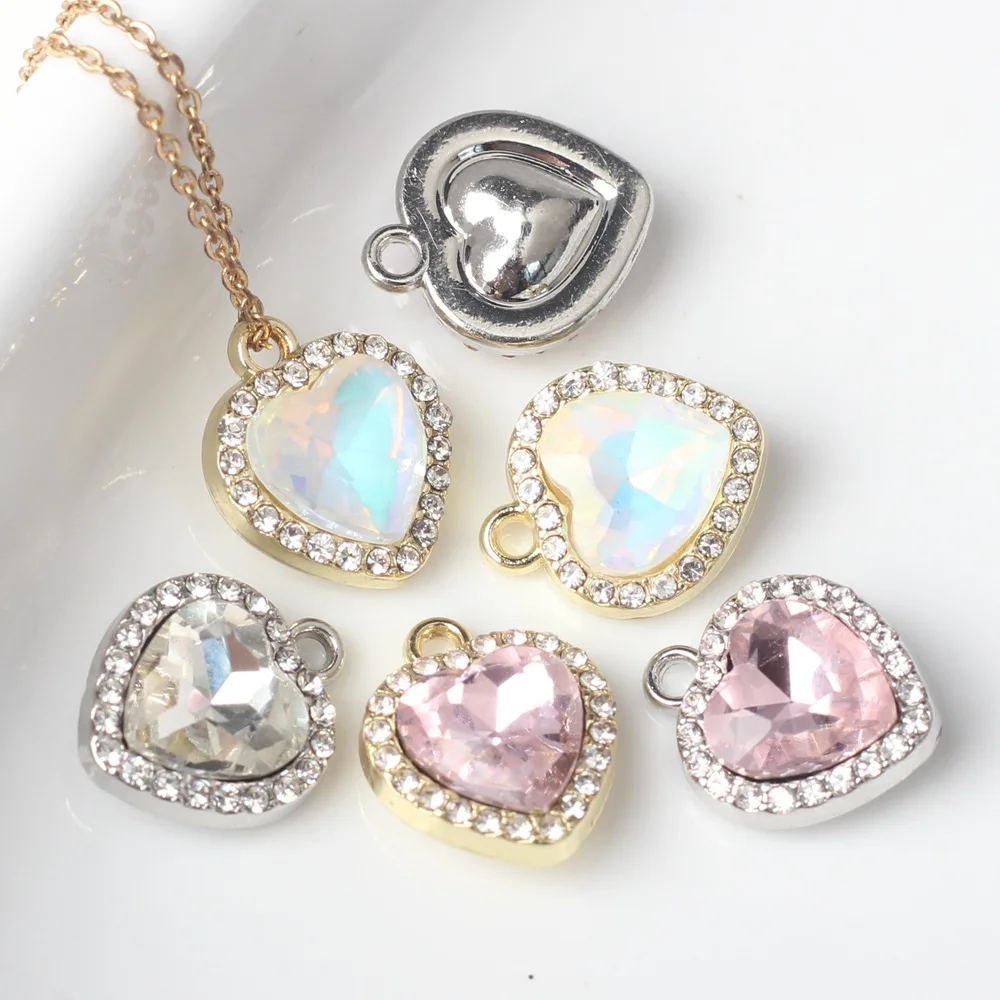 DIY Jewelry Findings 30pcs 11*13*5mm Crystal Rhinestones Paved Metal Love Heart Necklace Pendants Ornament Accessory Charms