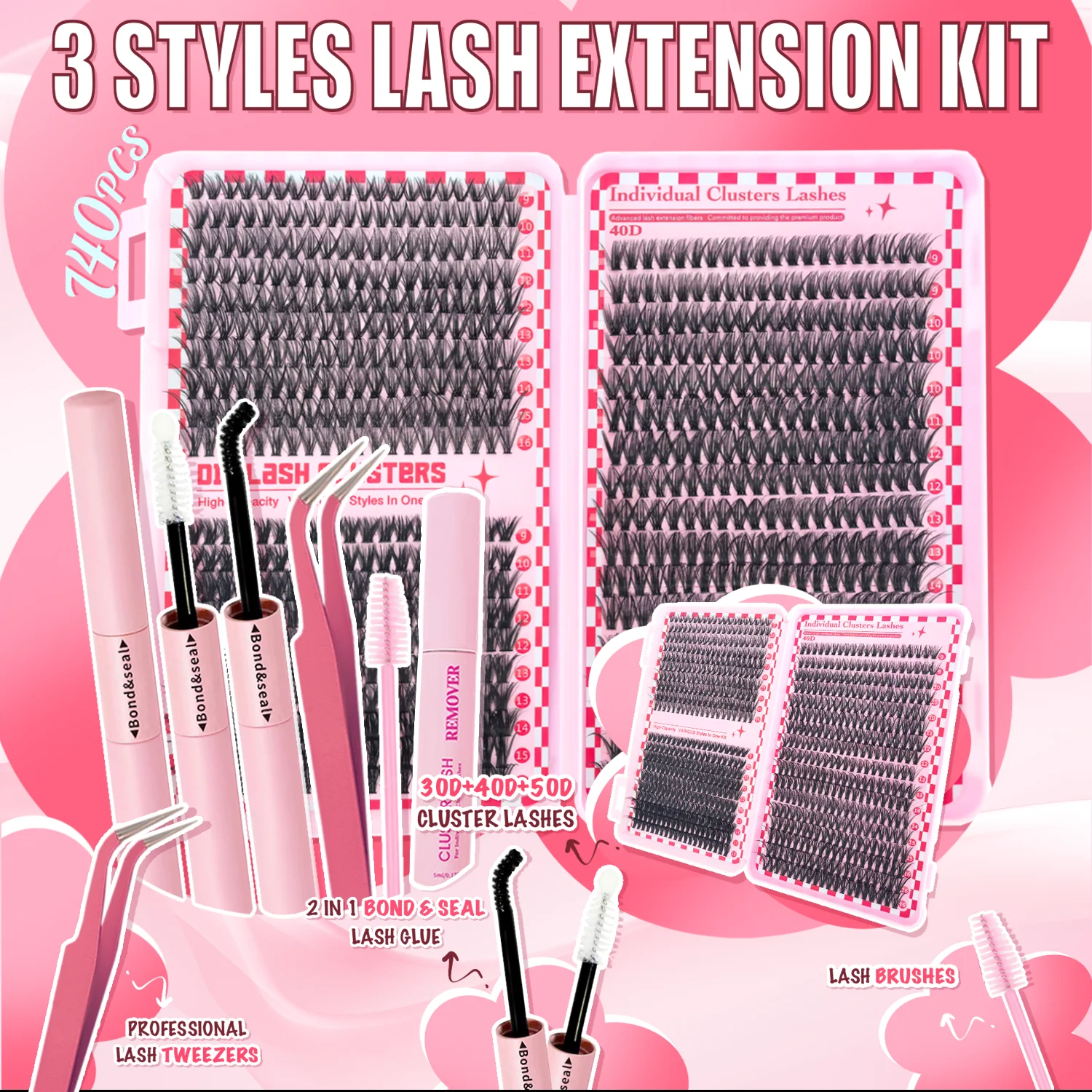 DIY 속눈썹 연장 키트 740개 속눈썹 클러스터, 속눈썹 본드 및 실러 리무버 포함, 자연스러운 속눈썹 연장 키트