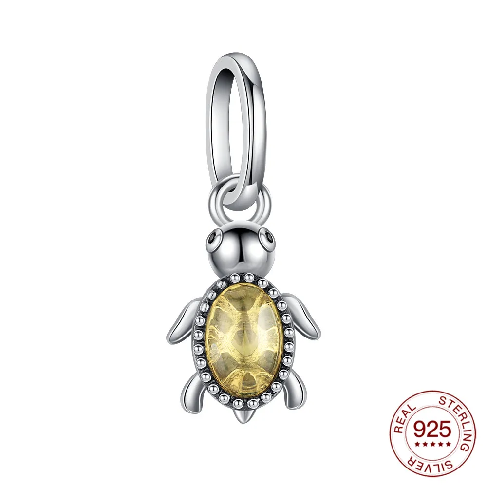 New 925 Sterling Silver Charms Small Yellow Turtle Pendant Fits Original Bracelet DIY Jewelry Outfit Holiday Gift For Women