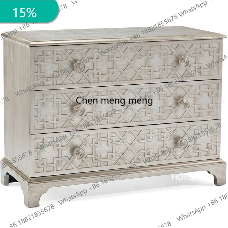 B182 Modern American light luxury silver old three-bucket cabinet villa entrance foyer entrance oak solid wood side cabinet