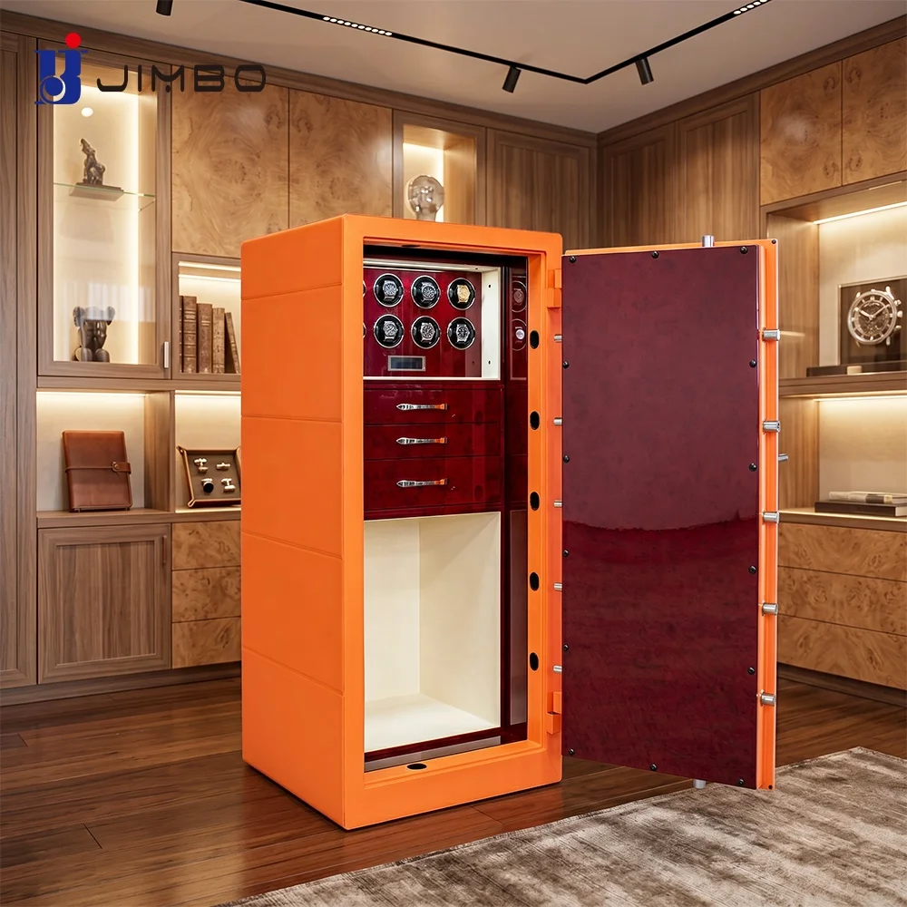 Luxury Orange Leather Automatic Watch Winder Safe High Gloss Wood Security Cabinet For Villa