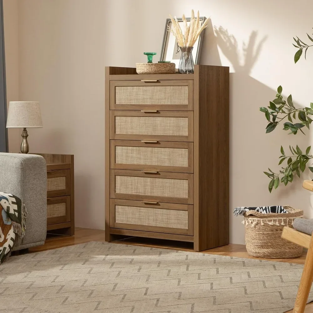 Tall Bedroom Drawers with 5 Rattan Wood Dresser, Sturdy & Durable, Safe & Secure, Easy To Assemble, Bedroom Storage Cabinet