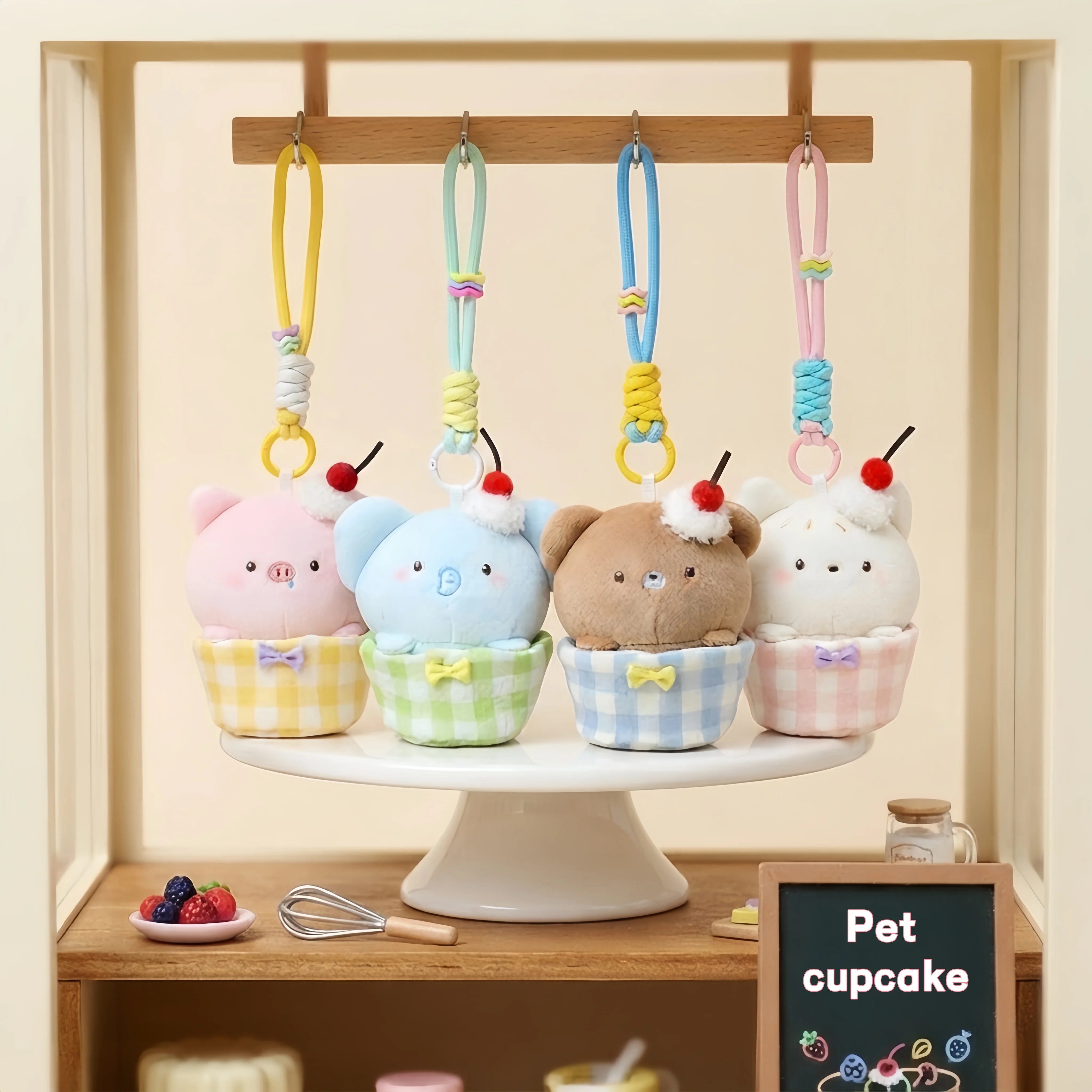 Cute Cupcake Animal Plush Keychain Cartoon Pig Bear Elephant Cat Doll Pendant Soft Stuffed Toy Backpack Bag Car Key Holder Gift