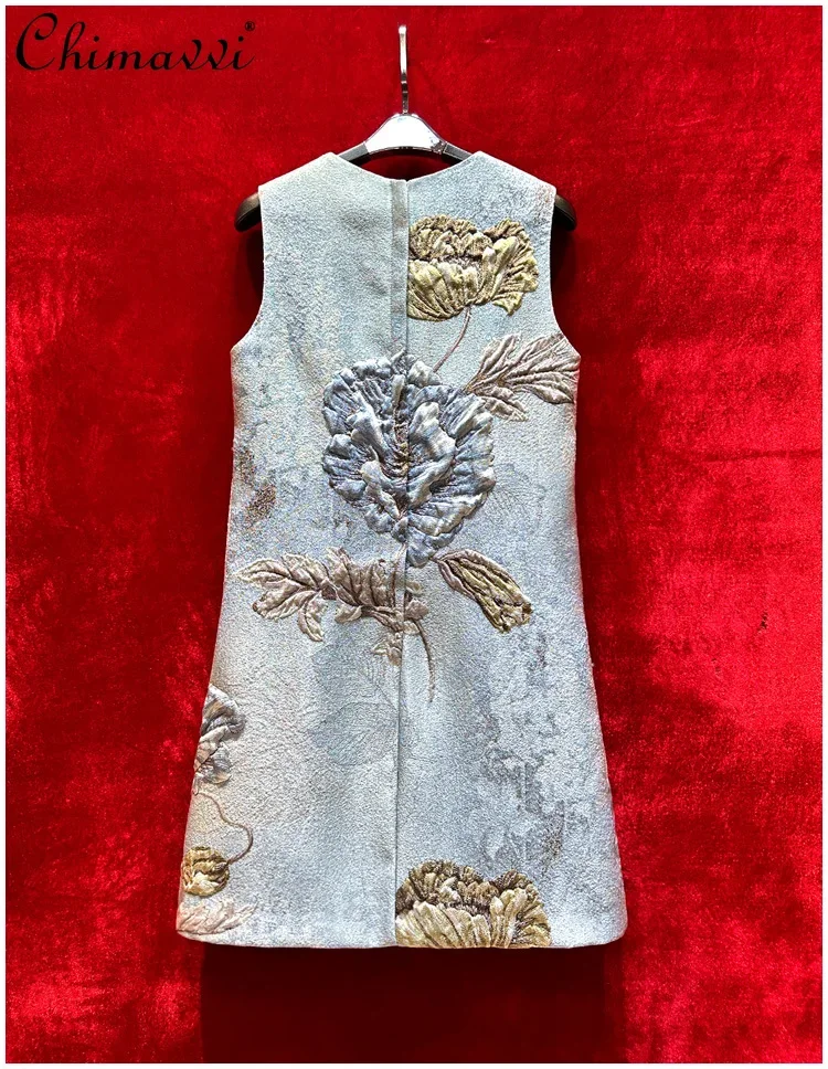 High-end Relief Jacquard Heavy Beads New Chinese Style Womens Sleeveless Dress Autumn New Fashion Round Neck Elegant Retro Dress