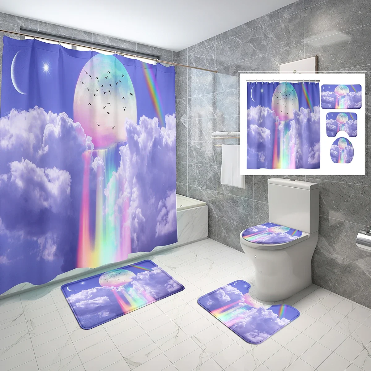 

Creative Rainbow Shower Curtain Set Bohemian Rainbow 4 Pcs Shower Curtain Bathroom Non-Slip Bath Mat Toilet Cover Curtain Set