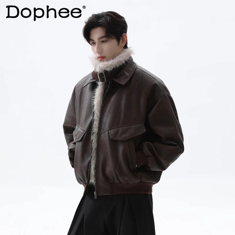 

2025 Winter New Fashion American Style Retro Faux Fur Collar Long Sleeve Faux Leather Parkas Thickened Warm Fur Integrated Coats