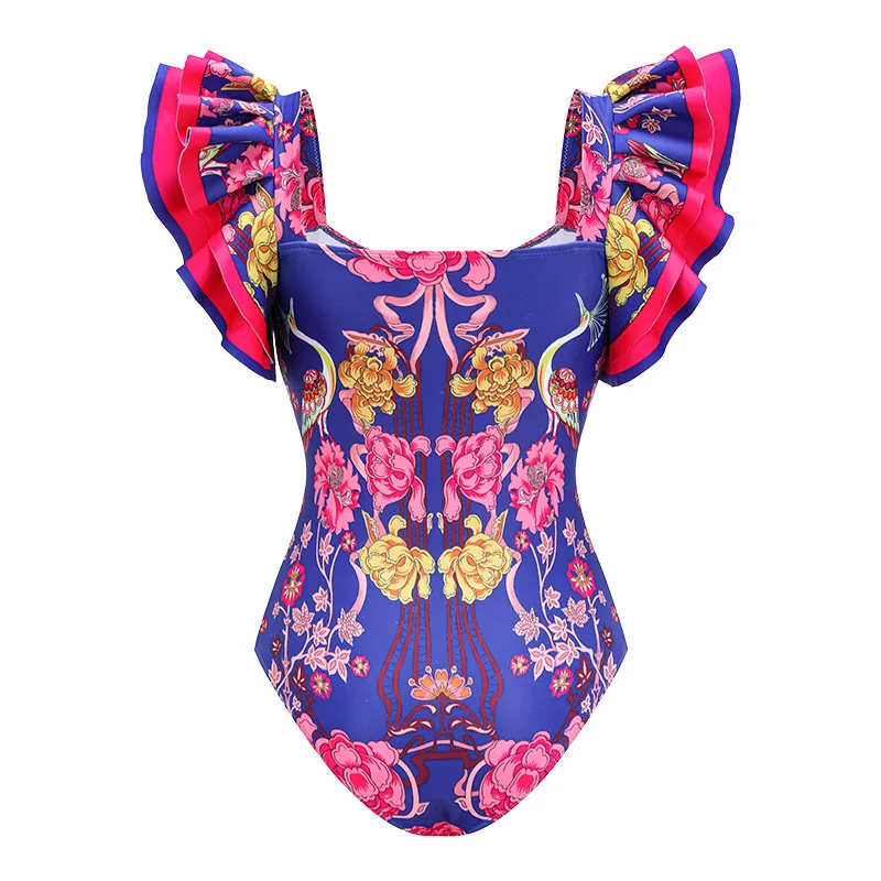 Women's Swimsuit Purple Color Fly Sleeve Elegant Printing One Piece with Cover Up