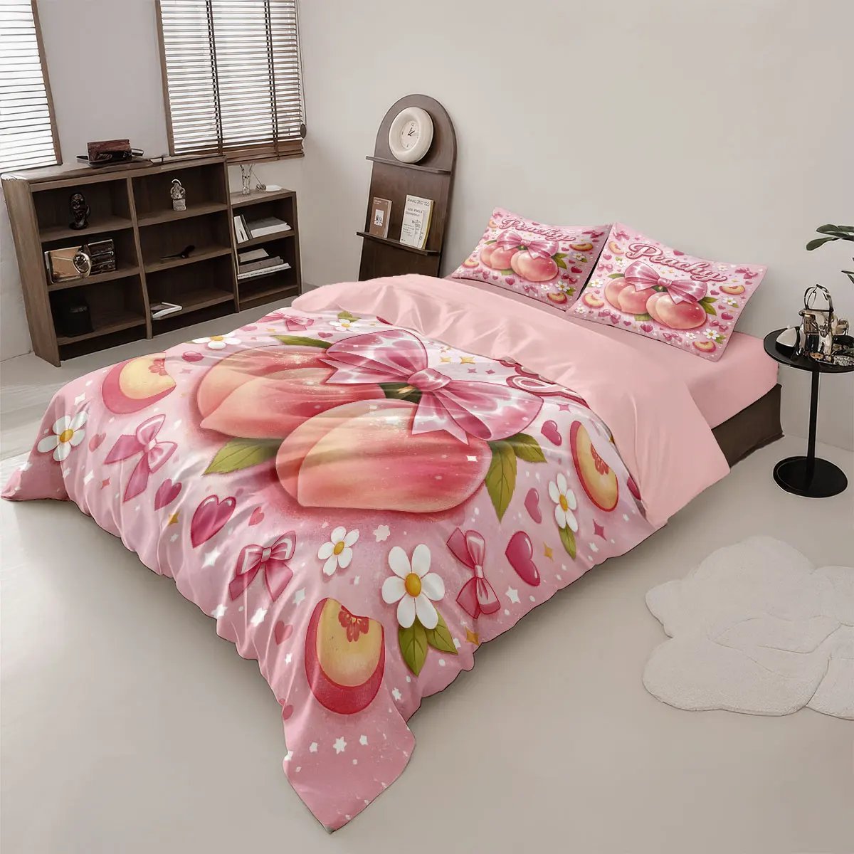3pcs Pink Honey Pearl Fruit Printed Coreless Duvet Cover Set, Multi Size Bedding Decoration, Machine Washable