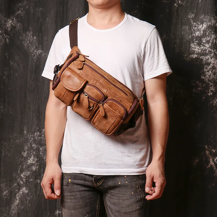 Men's genuine leather chest bag, women's frosted waist bag, outdoor sports single-shoulder bag, multi-functional crossbody bag