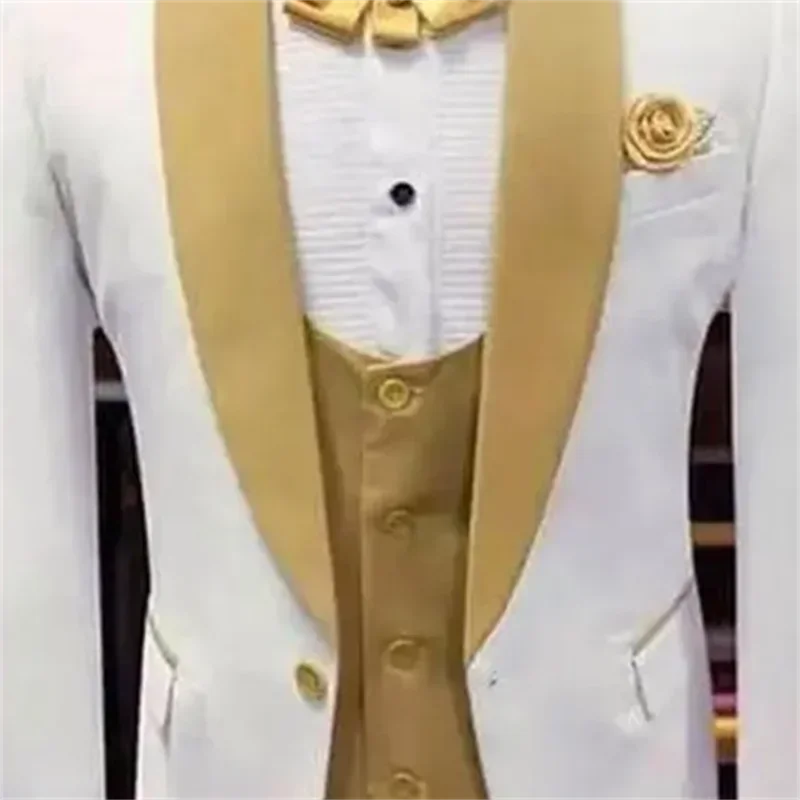 3PCS White and Gold Wedding Evening Dress Groomsman Shawl Lapel Men Suit Costume Homme Jacket Vest and Gold  Pants