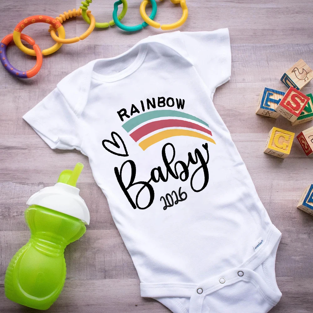 

Rainbow Baby 2026 Print Newborn Romper Pregnancy Announcement Baby Jumpsuit Infant Short Sleeve Bodysuit Outfit Baby Shower Gift